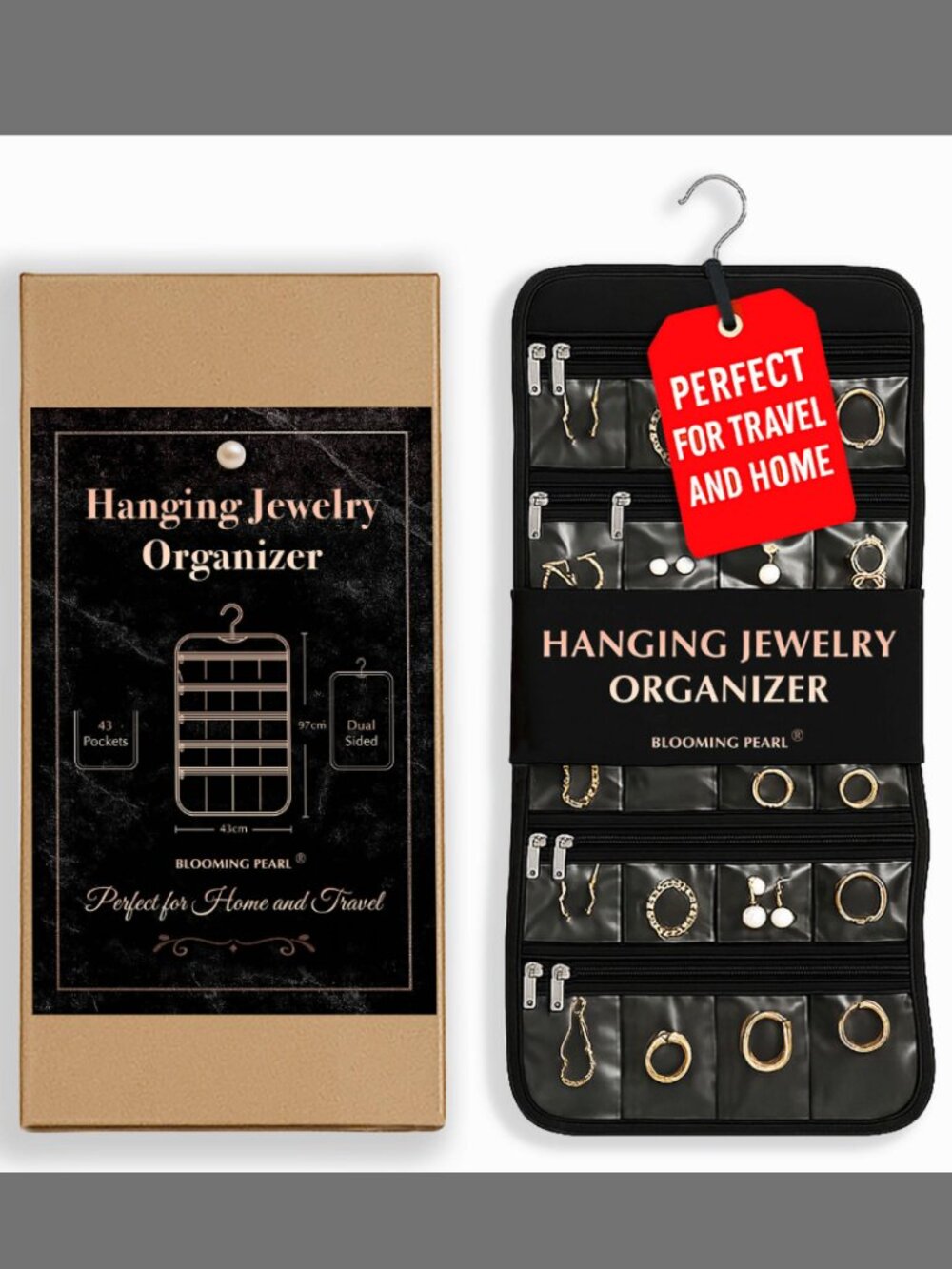 NEW Hanging Jewelry Organizer - 43 Pockets 7 Loops Dual-Sided with Zipper Travel